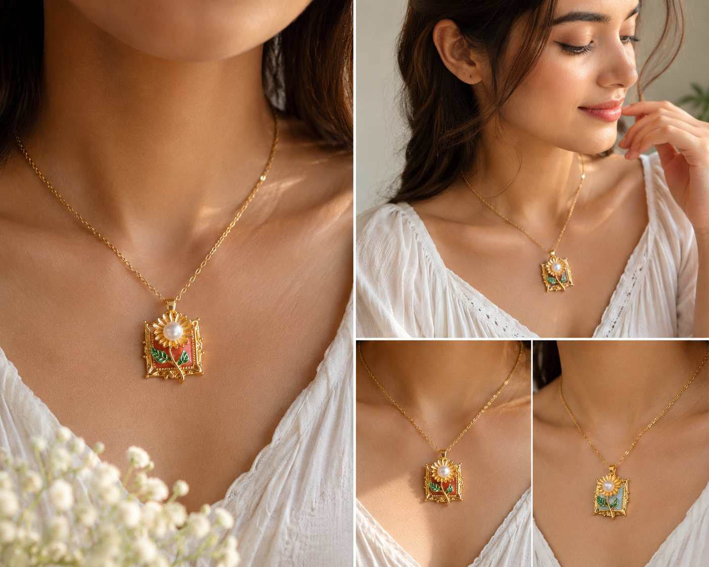 Vintage blossom charm necklace blue