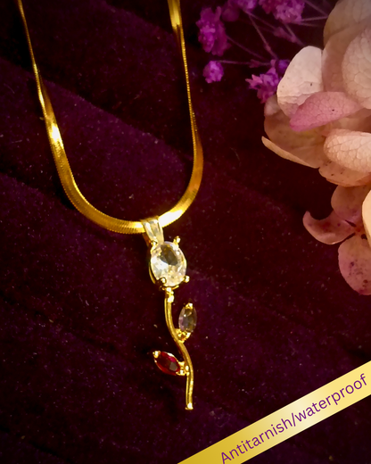 Tulip Bloom Pendant Necklace with Snake Chain clear stone