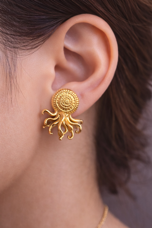 Deep Ocean Octopus Golden Earrings