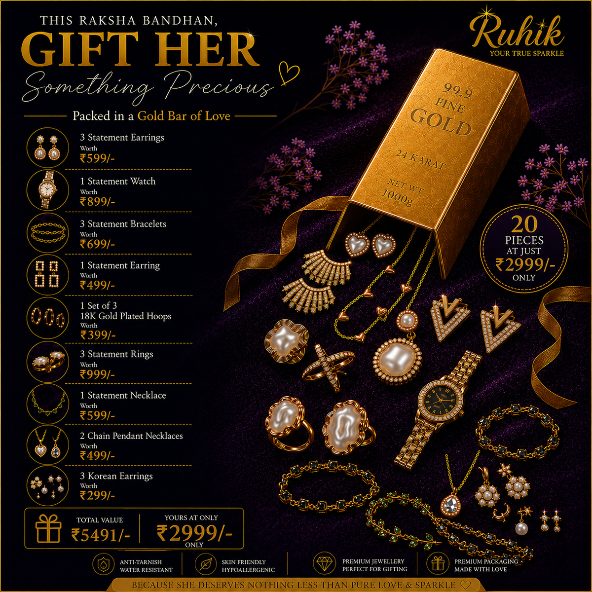 Ruhik Raksha Bandhan Gold Bar Jewellery Gift Box | 20 Premium Jewellery Pieces Gift Hamper for Women