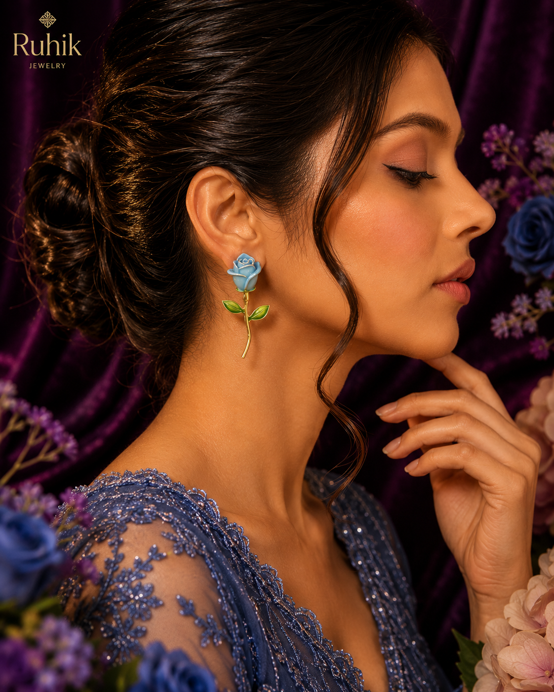 Magical Blue rose stud earrings