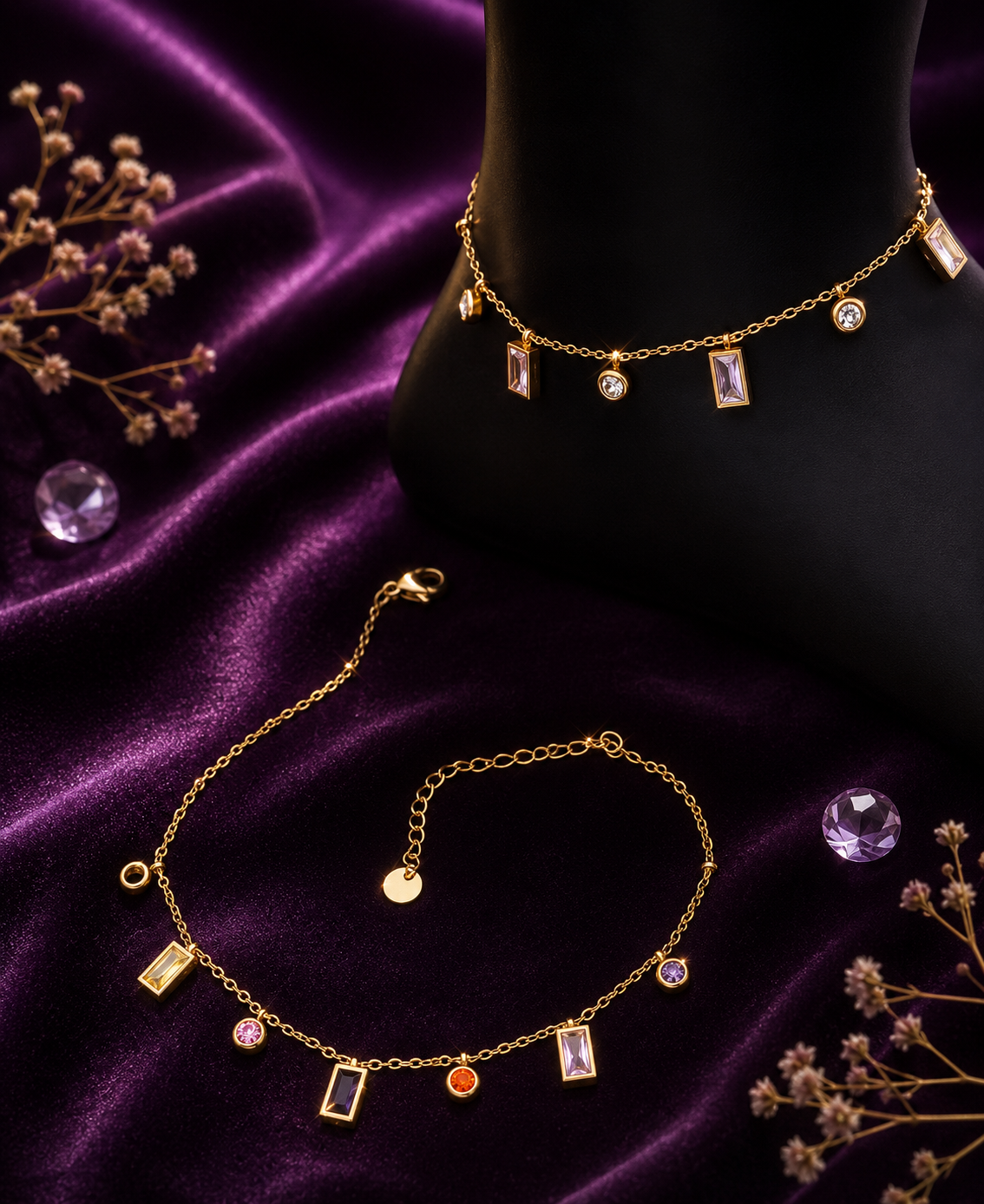 Ruhik Baguette Crystal Anti Tarnish Gold Plated Charm Anklet