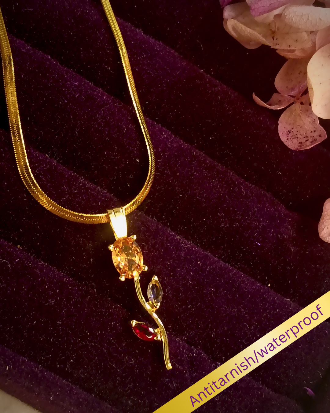 Tulip bloom pendant necklace with snake chain peach