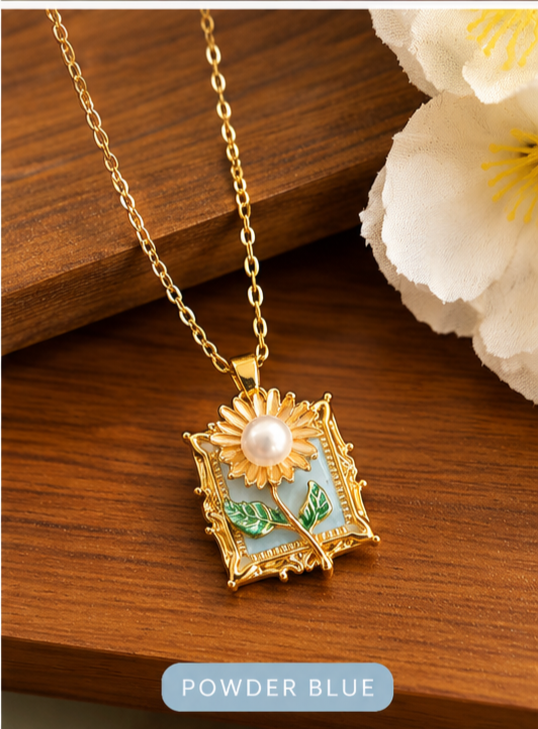 Vintage blossom charm necklace blue