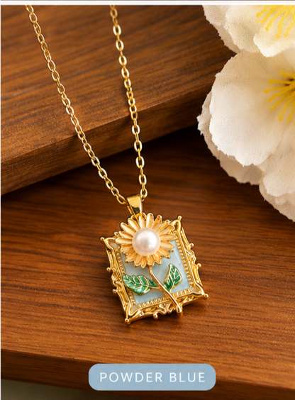 Vintage blossom charm necklace blue