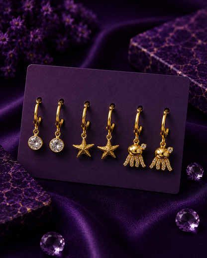 Ocean Treasures Trio Huggies Set | 3 Pair Starfish & Jellyfish Hoop Earrings | 18K Gold Plated | Ruhik