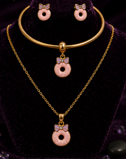 Tiny Sparkles Donut Jewellery Set for Girls | Pink Donut Necklace, Earrings & Kada | Ruhik