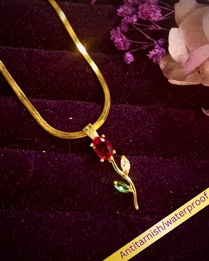 Tulip bloom pendant necklace with snake chain ruby red