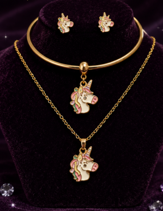 Tiny Sparkles Unicorn Jewellery Set for Girls | Unicorn Face Necklace, Earrings & Kada | Ruhik