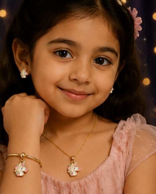 Tiny Sparkles Unicorn Jewellery Set for Girls | Unicorn Face Necklace, Earrings & Kada | Ruhik