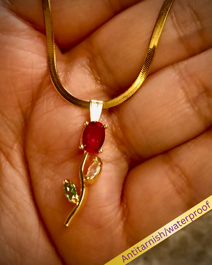 Tulip bloom pendant necklace with snake chain ruby red