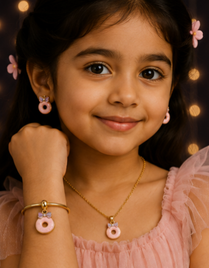 Tiny Sparkles Donut Jewellery Set for Girls | Pink Donut Necklace, Earrings & Kada | Ruhik
