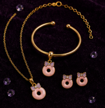 Tiny Sparkles Donut Jewellery Set for Girls | Pink Donut Necklace, Earrings & Kada | Ruhik
