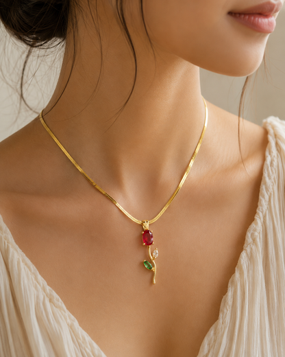 Tulip bloom pendant necklace with snake chain ruby red