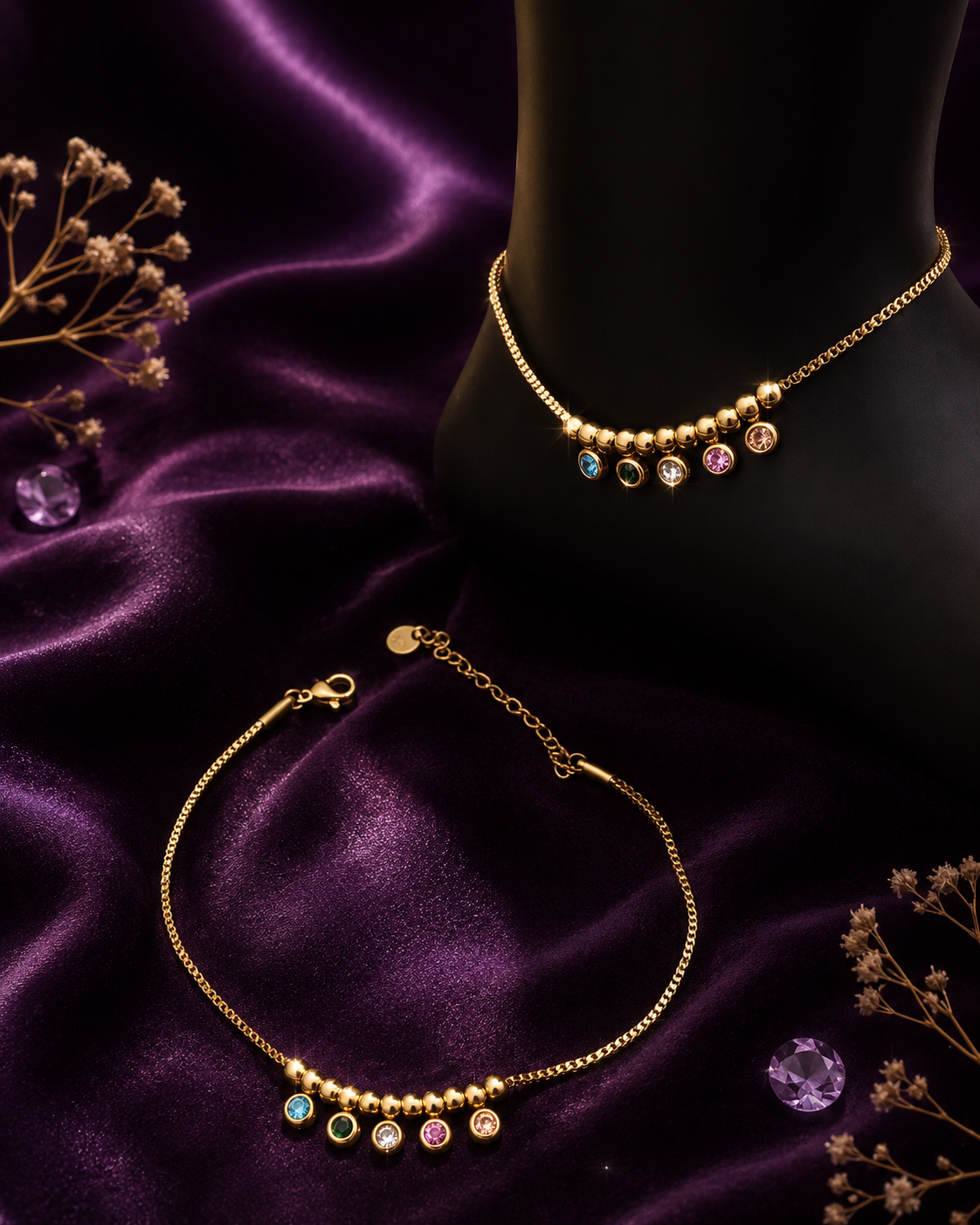Ruhik Rainbow Luxe Anti Tarnish Gold Plated Multicolour Charm Anklet